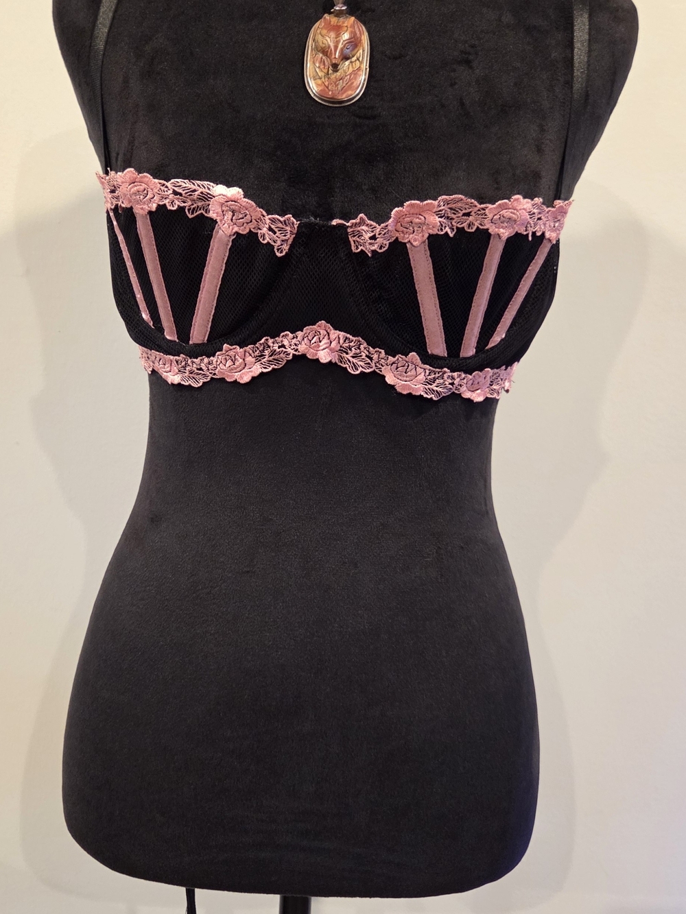 Frederick's of Hollywood Black Mesh Bralette with Pink Lace Trim
